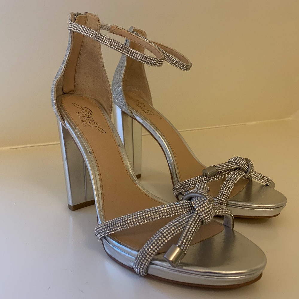 Jewel Badgley Mischka Silver Crystal-Embellished Block Heel Sandals